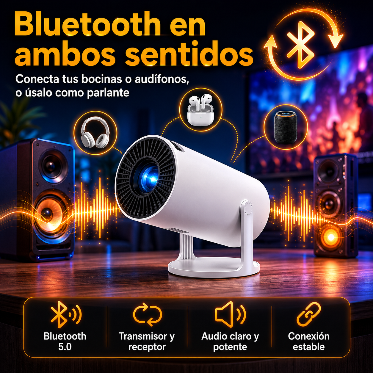 Projenta – Proyector Portátil 1080P, Compatible 4K – WiFi 6 + Bluetooth